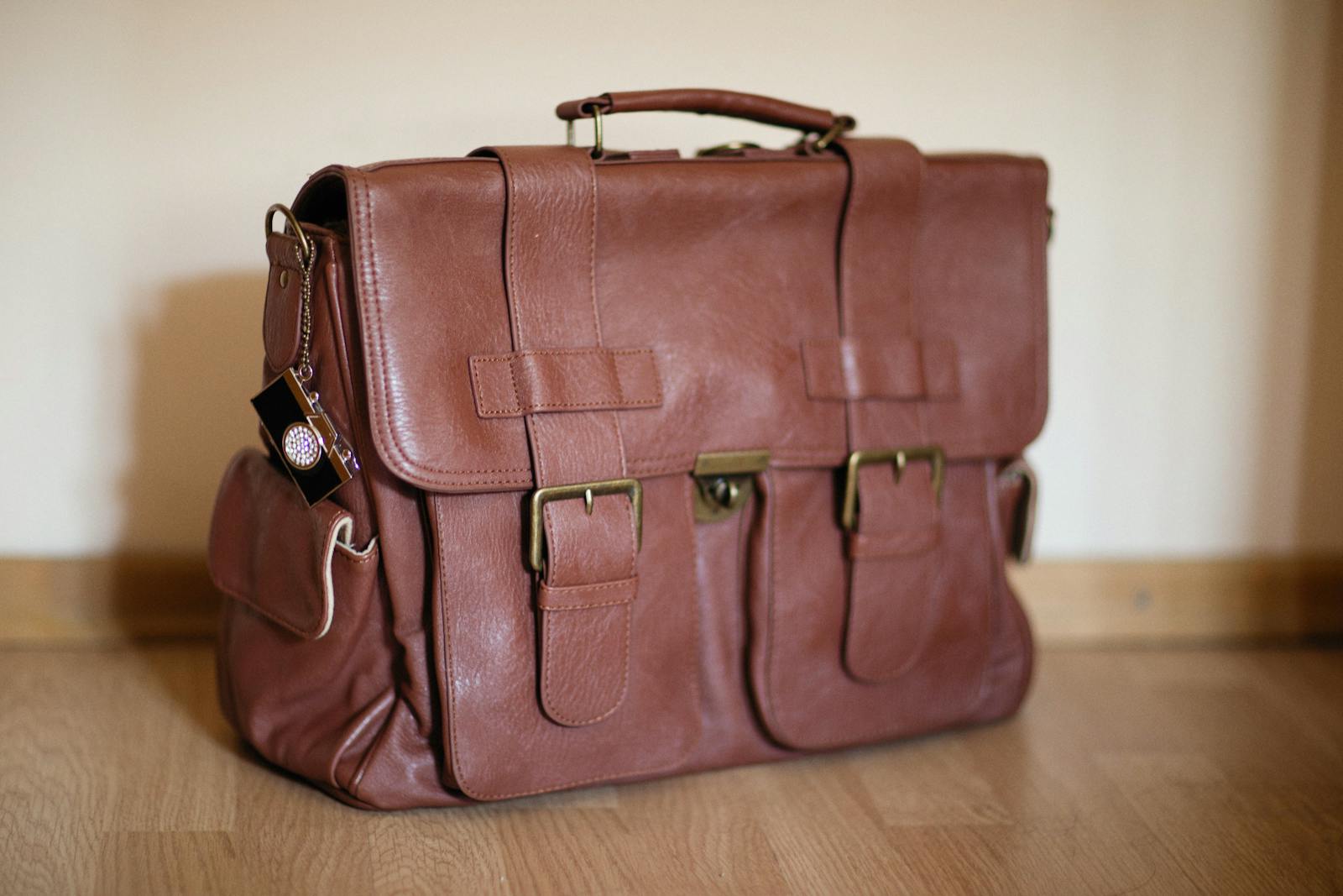 Finished leather briefcase with brass hardware