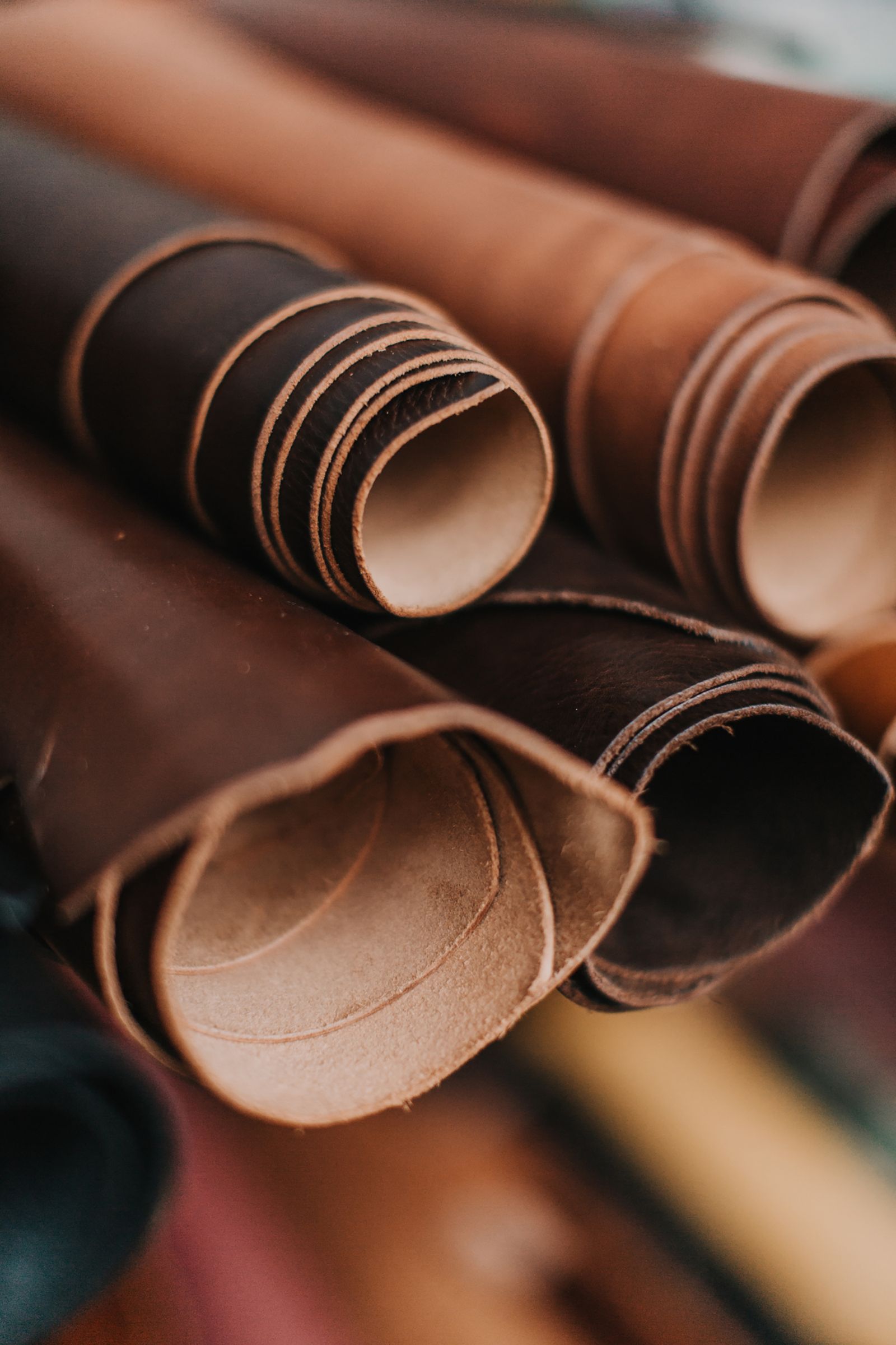 Rolled tannery hides ready for cutting